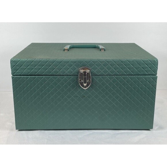 Unknown Other - Vintage Green Quilted Vinyl Sewing Box with Tray Drawer 1950s/60s Case w/ Handle